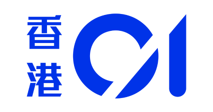 Blue stylized Hong Kong text next to a circular design with diagonal cut.