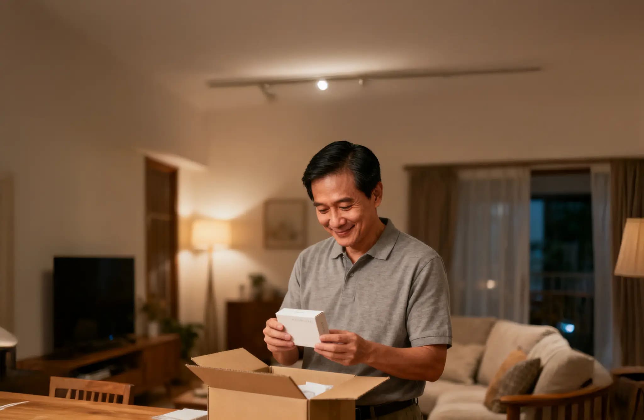 Man smiling while unpacking a small white box from a cardboard box in a warmly lit living room.