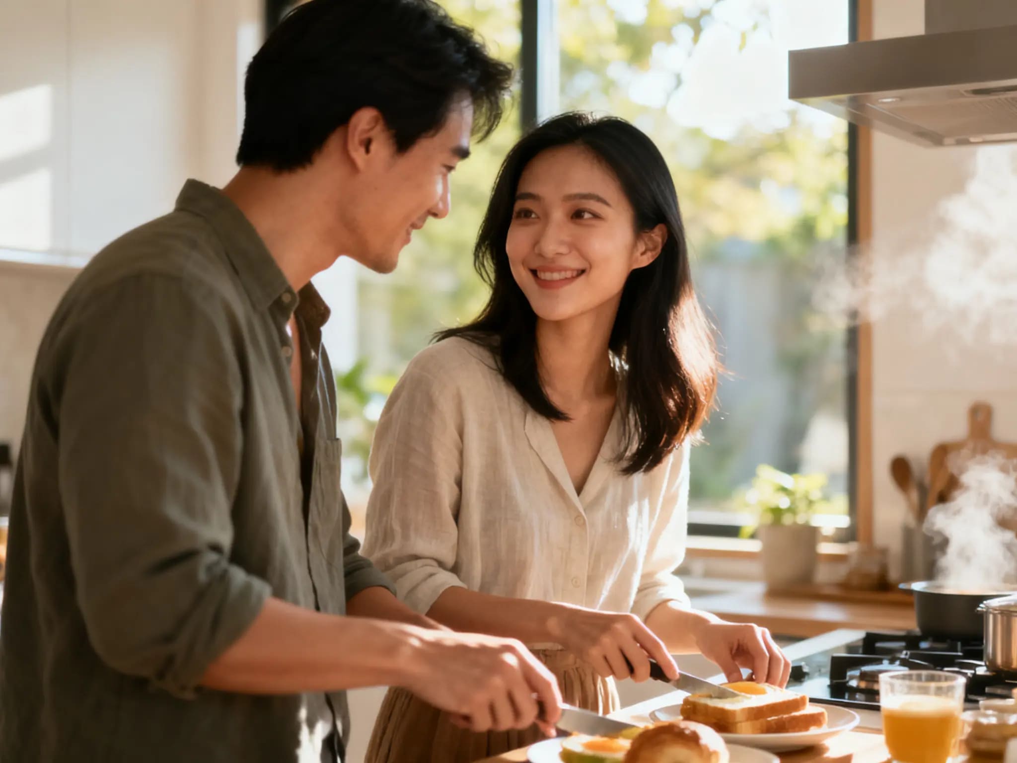 Smiling couple preparing breakfast together in a sunny kitchen.