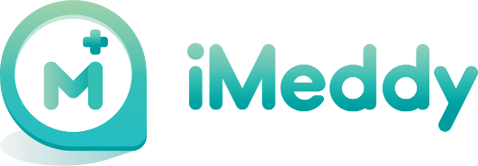 iMeddy logo with stylized letter M and medical cross inside a circular chat bubble.